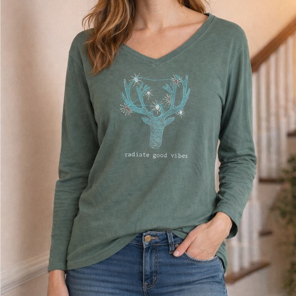 Life Is Good Tops - Life is Good Women’s Christmas Radiate Good Vibes Graphic V-Neck Long Sleeve XXL